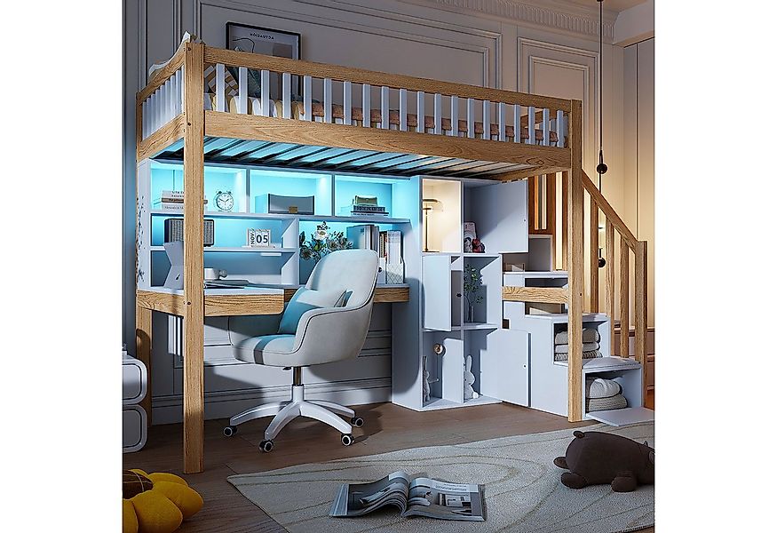 Merax Hochbett 90x200cm mit LED-Beleuchtung (Weiß+Natur, 1-St., Etagenbett günstig online kaufen