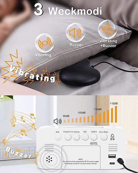 Coonoor Wecker Bettvibration, 15-buntes LED-Display,7-farbiges Nachtlicht,U günstig online kaufen
