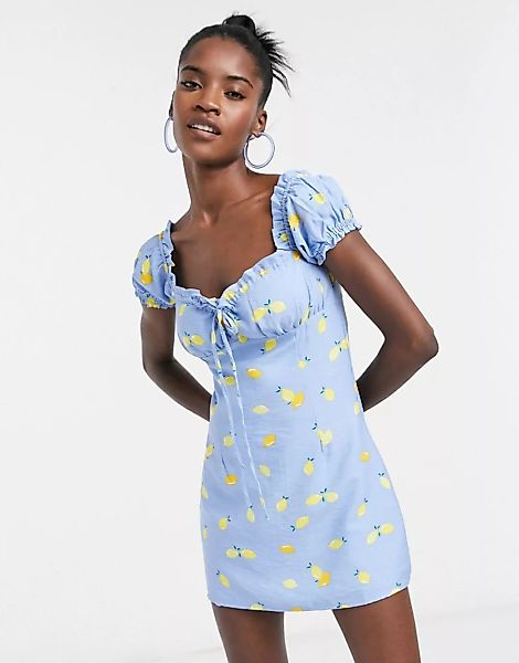 Glamorous – Minikleid mit geraffter Brustpartie und Zitronenprint-Blau günstig online kaufen