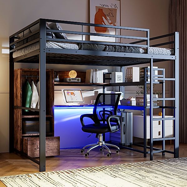Ulife Hochbett Metallbett, mit LED-Leuchten, Schreibtisch, günstig online kaufen