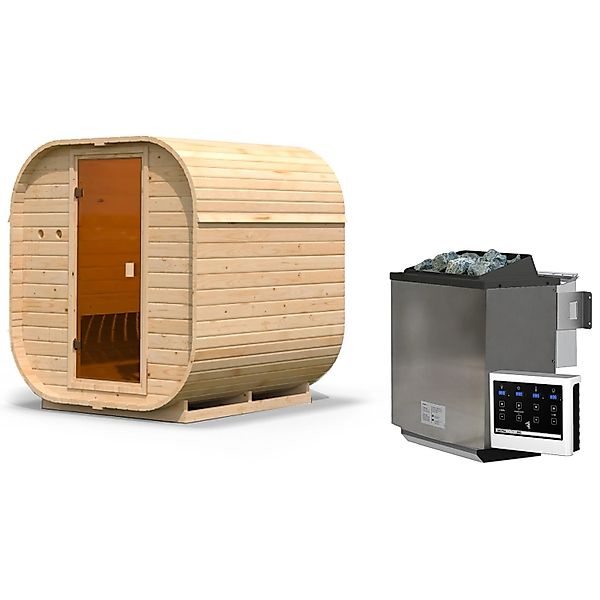 Karibu Fasssauna Quadro 1 Zoll mit Ofen 9 kW Bio Extern Naturbelassen günstig online kaufen