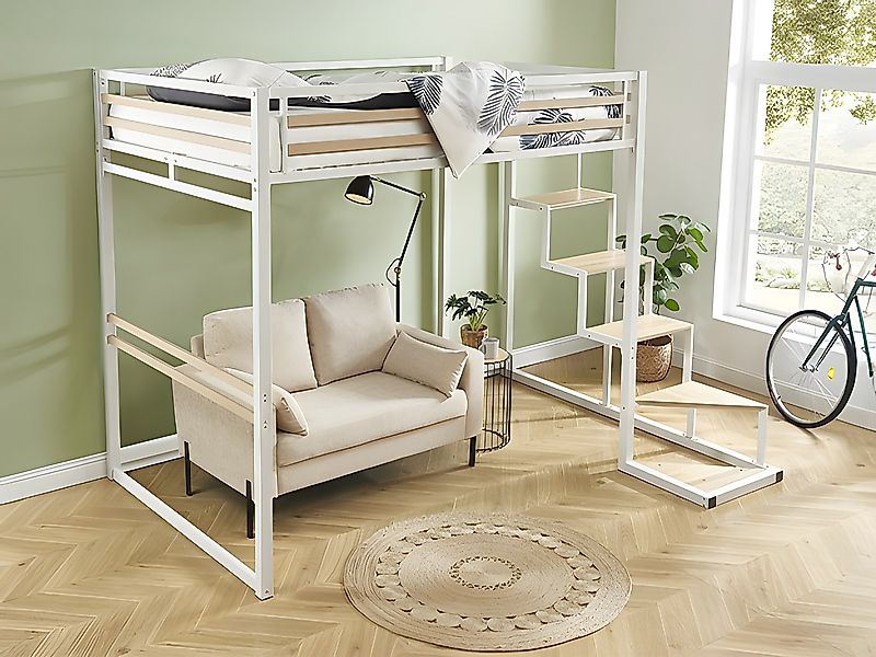 Hochbett mit Matratze - 140 x 200 cm - Metall & MDF - Weiß - JOGUI günstig online kaufen