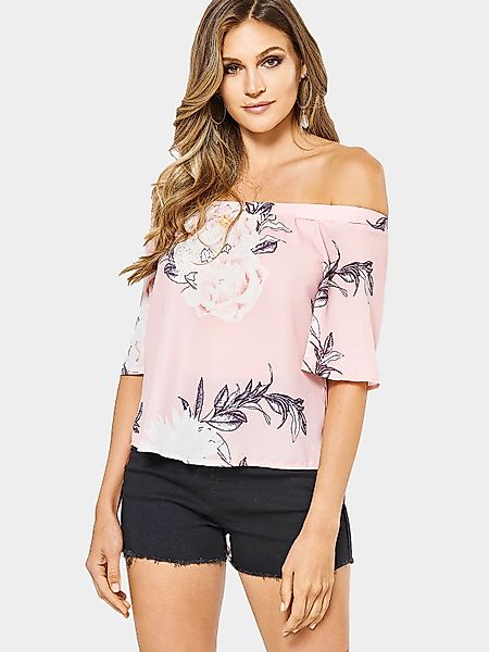 Random Blumendruck Elastic Off Shoulder Chiffon Bluse in Pink günstig online kaufen