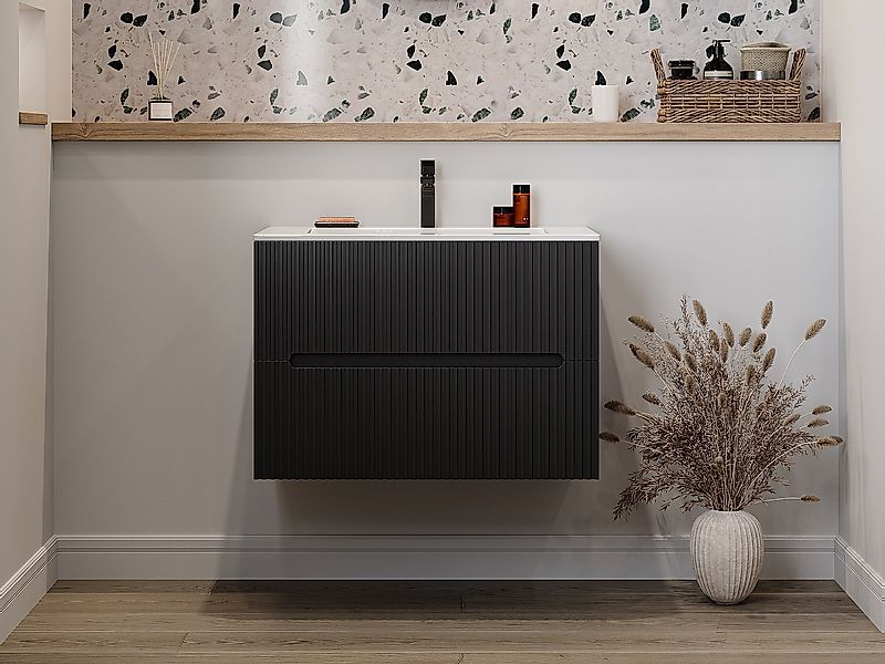 Waschbeckenunterschrank hängend mit Einbauwaschbecken - 80 cm - Schwarz ger günstig online kaufen