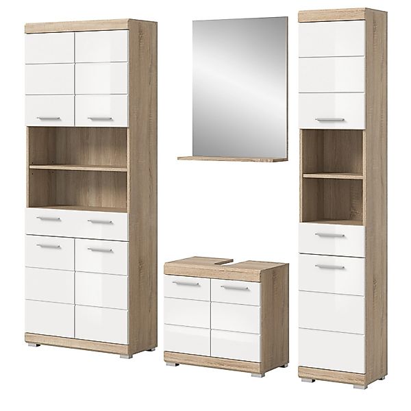 Inn.Furn Badmöbel Set 4-teilig 186 cm in Weiß Hochglanz und Eiche Mambo günstig online kaufen
