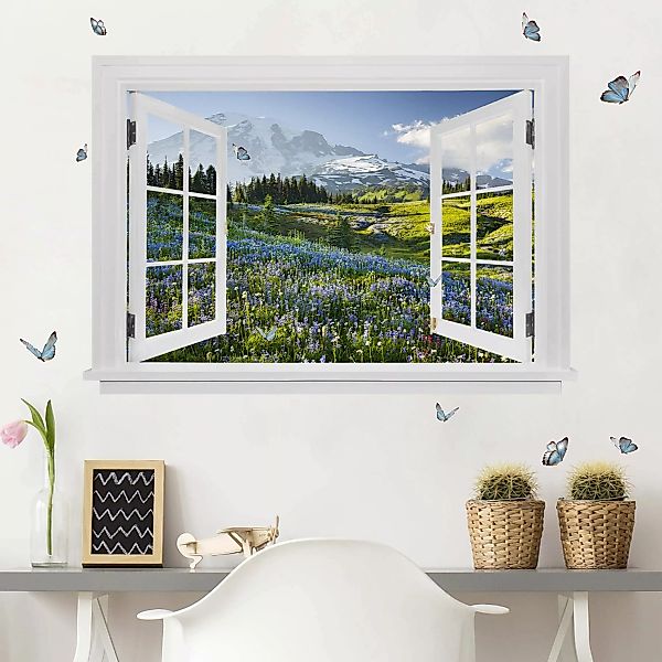 Wandtattoo Offenes Fenster Bergwiese mit Blumen vor Mt. Rainier und Schmett günstig online kaufen