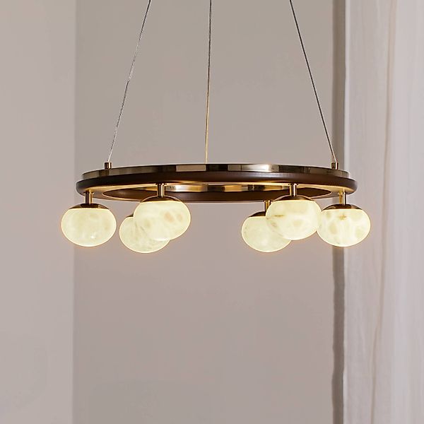 Hängeleuchte Tolosa, Ø 52 cm, messing, 6-flammig, Glas, Holz günstig online kaufen