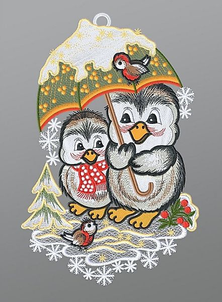 Plauener Spitze® Fensterbild Pinguinpaar mit Schirm, HxB 30x19cm günstig online kaufen