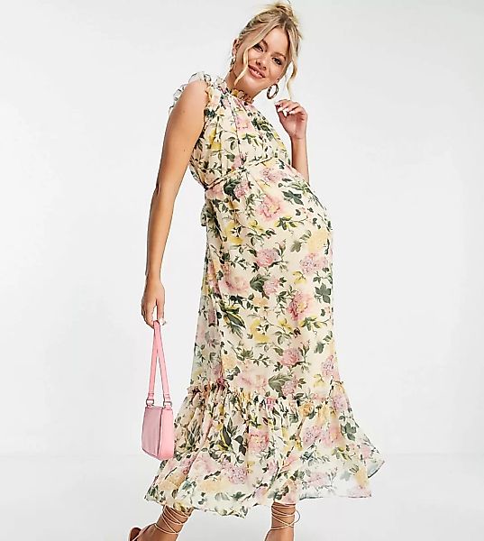 Hope & Ivy – Umstandsmode – Hochgeschlossenes Midaxi-Kleid mit Flügelärmeln günstig online kaufen