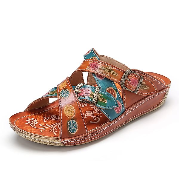 SOCOFY Retro Leder geprägte Blumen genähte Schluck auf Folien Flat Sandalen günstig online kaufen