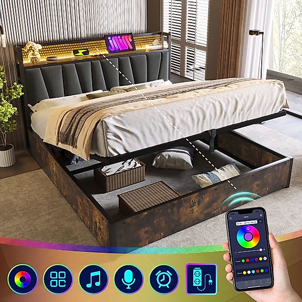 Rutaqian Stauraumbett Polsterbett mit LED, Metallbett, günstig online kaufen