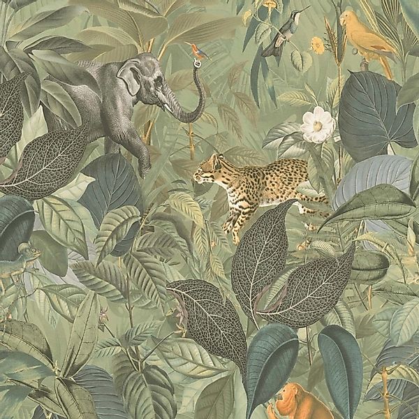 Bricoflor Dschungel Tapete Olivgrün mit Tieren Regenwald Vliestapete mit Le günstig online kaufen