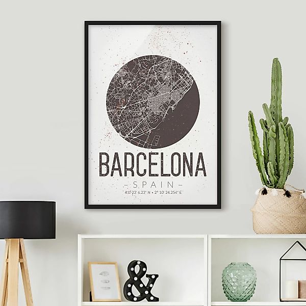 Bild mit Rahmen Stadtplan - Hochformat Stadtplan Barcelona - Retro günstig online kaufen