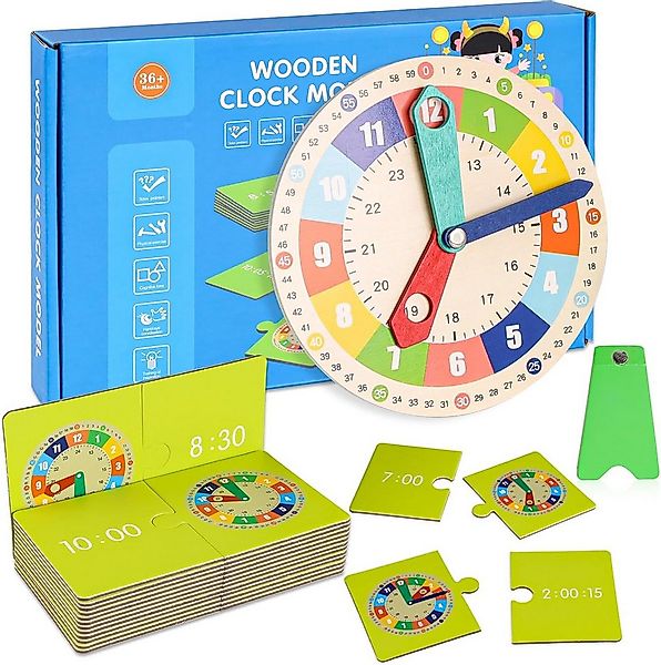 Coonoor Lernspielzeug Holz Lernuhren Kinder, Lernspielzeug Uhr mit 15 Frage günstig online kaufen