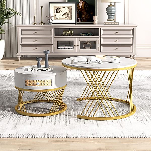 Couchtisch, Marmormuster 70cm Runder Platzsparender 2-in-1 Weiß mit Kunstst günstig online kaufen