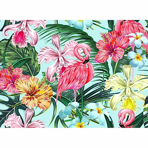 Fototapete Flamingo Blätter Blumen Türkis Rosa 3,50 m x 2,55 m FSC® günstig online kaufen