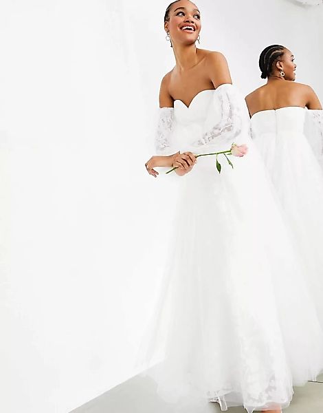 ASOS DESIGN – Mila – Schulterfreies Hochzeitskleid aus besticktem Netzstoff günstig online kaufen