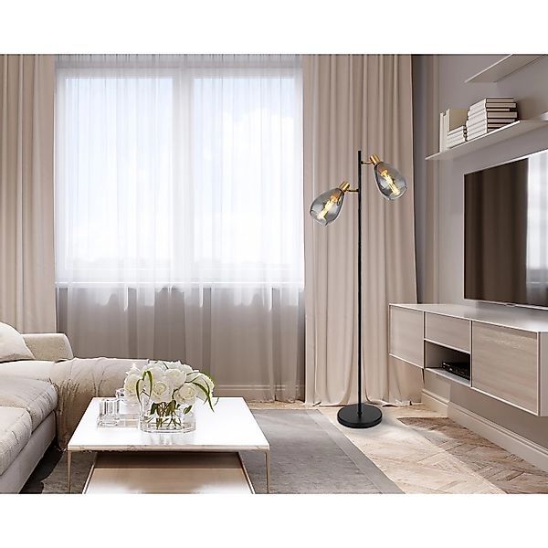 Globo Stehlampe Fanni 2-flammig Schwarz matt-Rauchfarben 340 x 250 x 1600 m günstig online kaufen