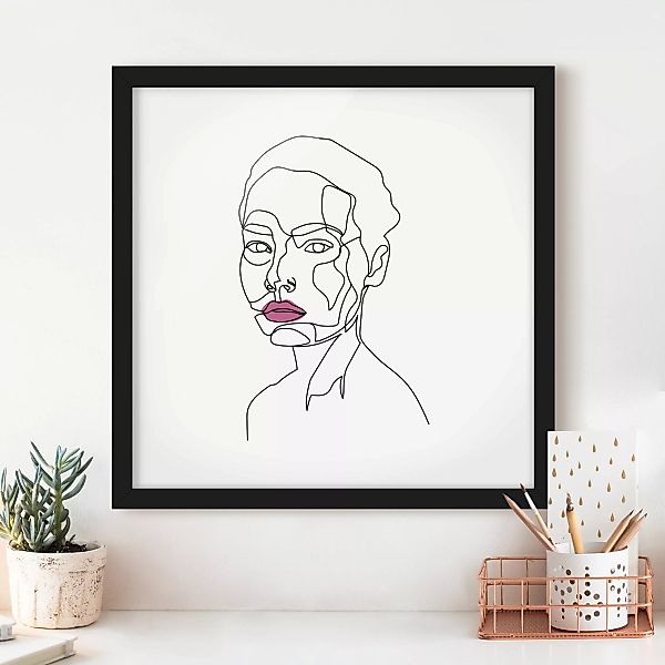 Bild mit Rahmen Schwarz-Weiß - Quadrat Portrait Frau Line Art günstig online kaufen
