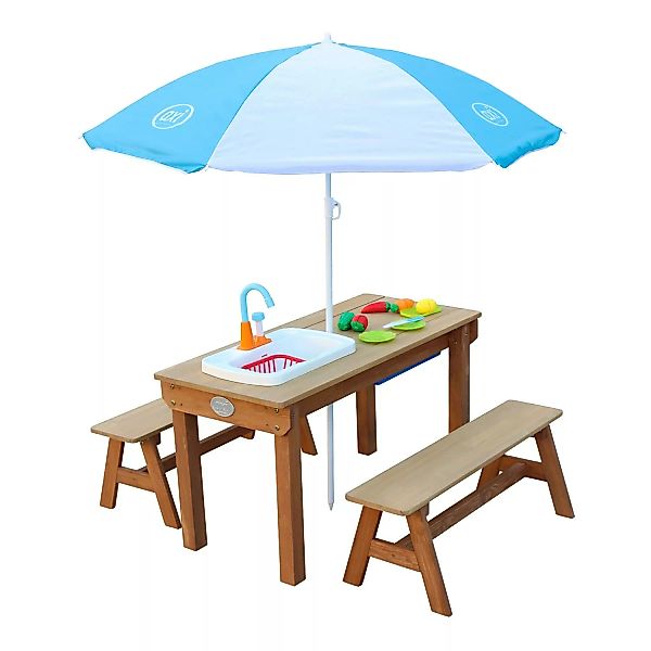 Axi Sand und Wasser Picknicktisch Dennis Braun mit Sonnenschirm Blau Weiß günstig online kaufen