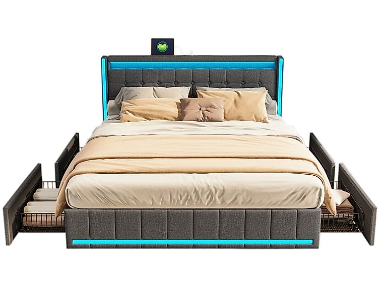 FUROKOY Stauraumbett Polsterbett Doppelbett mit LED-Beleuchtung günstig online kaufen