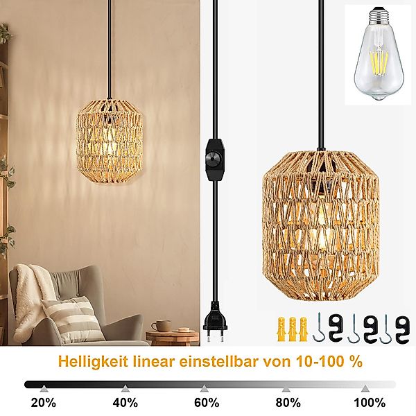 Jibenhome LED Pendelleuchte Rattan-Hängelampe mit Stecker, günstig online kaufen