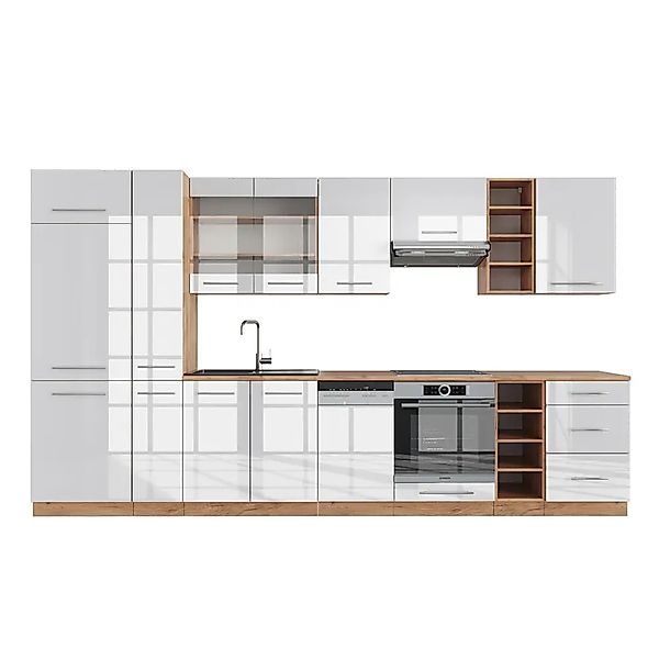 Vicco Fame-Line Küchenzeile Weiß Hochglanz/Goldkraft Eiche 355 cm AP Eiche günstig online kaufen