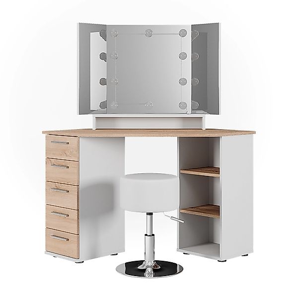 Vicco Eckschminktisch Sofia Weiß/Sonoma/Sonoma 128.4 cm mit LED Beleuchtung günstig online kaufen