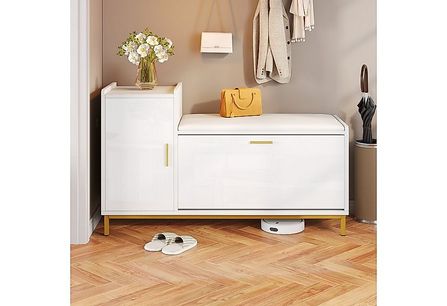 Merax Schuhbank Hochglanz in Weiß und Gold, mit gepolsterter Sitzfläche (10 günstig online kaufen