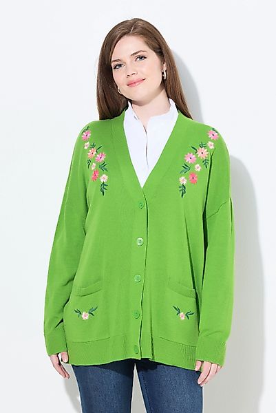 Ulla Popken Strickjacke Strickjacke Blüten-Stickerei V-Ausschnitt günstig online kaufen