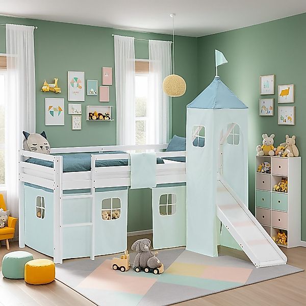 Homestyle4u Hochbett 90x200 Stockbett Vorhang Kinderbett günstig online kaufen