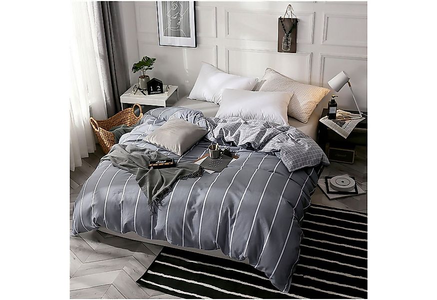 KEAYOO Bettwäsche STR, Baumwolle, 2 teilig, Baumwolle Grau Gestreift mit Re günstig online kaufen
