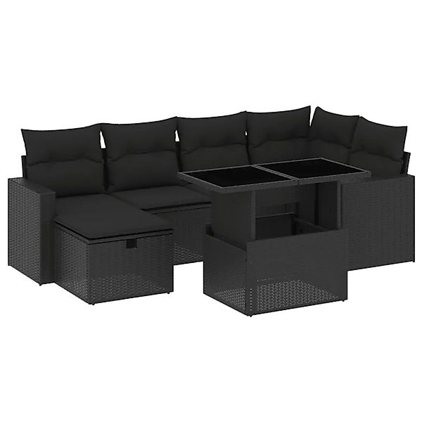 vidaXL 7-Tlg Garten-Sofagarnitur mit Kissen Schwarz Poly Rattan 3274815 günstig online kaufen