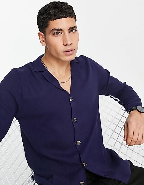 Bolongaro Trevor – Langärmliges Strickhemd in Marineblau mit Reverskragen günstig online kaufen