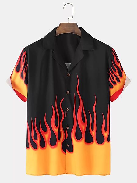 Mens Flame Print Revere Kragen Loose Casual Kurzarmhemden günstig online kaufen