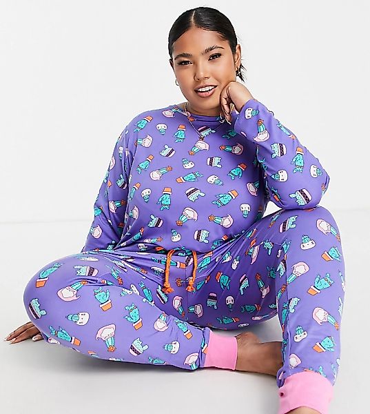 Chelsea Peers Plus – Langes Pyjama-Set mit Kaktus-Katzen-Design in Lila günstig online kaufen