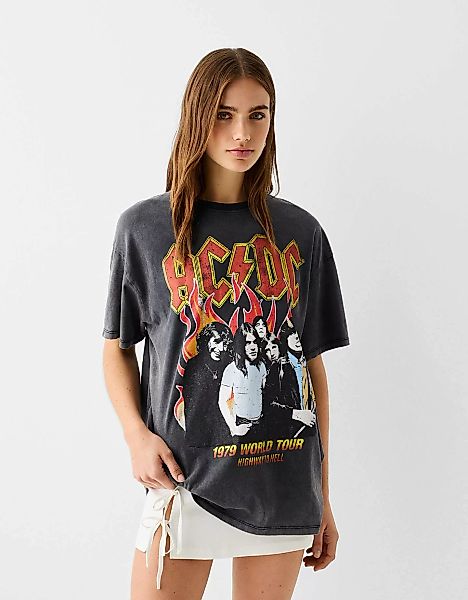 Bershka T-Shirt Ac/Dc Mit Print Damen L Grau günstig online kaufen