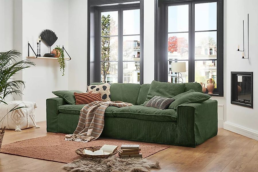 B-Ware KAWOLA Sofa NETTA 3-Sitzer Bezug abziehbar Cord moosgrün günstig online kaufen