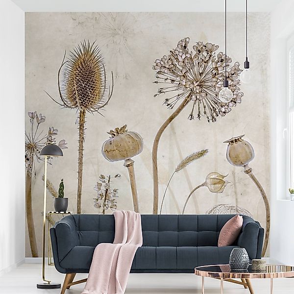 Bilderdepot24 Vliestapete Vintage Growing Old Blumen Natur Beige Landhausst günstig online kaufen