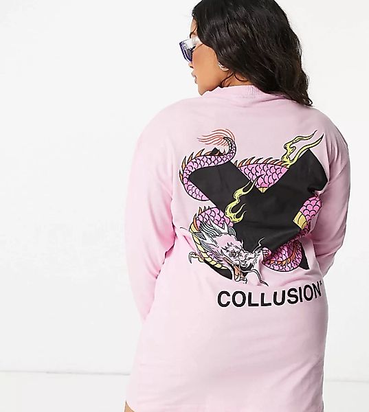 COLLUSION Plus – Langärmliges Oversize-Shirtkleid mit exklusivem Grafikprin günstig online kaufen