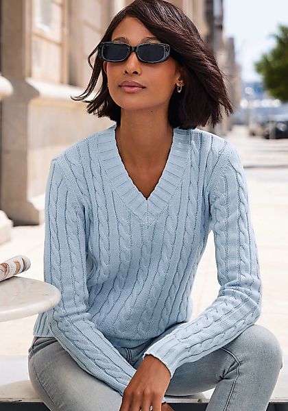 LASCANA V-Ausschnitt-Pullover mit Zopfstrickmuster günstig online kaufen