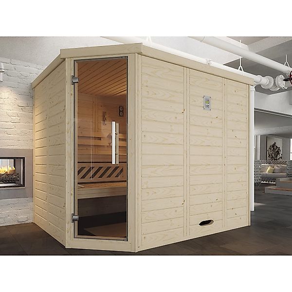 Weka Massivholzelementsauna Kemi Eck 2 Sparset 7,5 kW OS Glastür günstig online kaufen