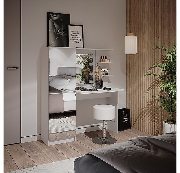 Vicco Schminktisch, Weiß, 123 cm mit LED-Beleuchtung und Hocker günstig online kaufen