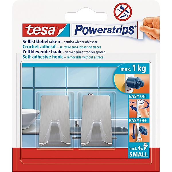 Tesa Selbstklebehaken Edelstahl Rechteckig 2 Stück mit 4 x Powerstrips Smal günstig online kaufen
