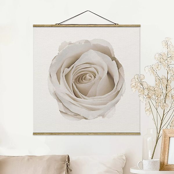 Stoffbild Blumen mit Posterleisten - Quadrat Wasserfarben - Pretty White Ro günstig online kaufen