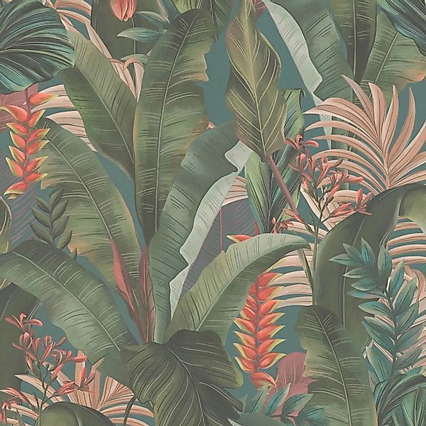 PROFHOME 394352-GU Blumen Tapete Dschungel Matt Blau petrol Grün Rot 0,53 m günstig online kaufen