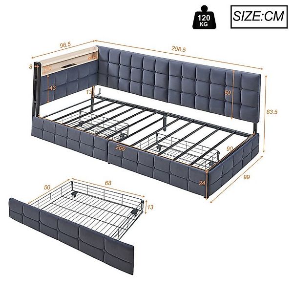 Flieks Daybett, Polsterbett Schlafsofa 90x200cm mit 2 Schubladen USB/Typ-C- günstig online kaufen