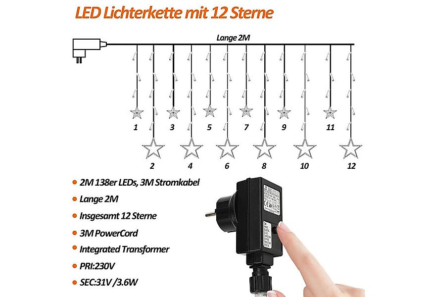 Clanmacy LED-Lichterkette LED Lichterkette 12 Sterne Aussen Lichtervorhang günstig online kaufen