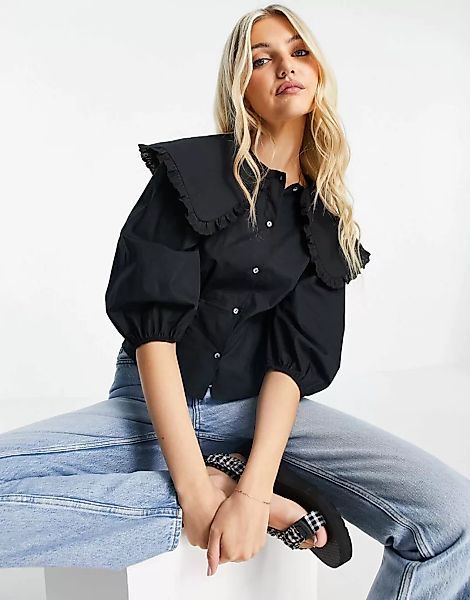 Miss Selfridge – Hemd in Schwarz mit Oversize-Kragen günstig online kaufen