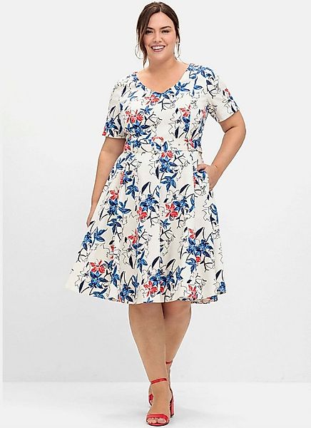 Sheego Etuikleid Abendkleid Kurzarm mit Blumenprint und Stoffgürtel günstig online kaufen